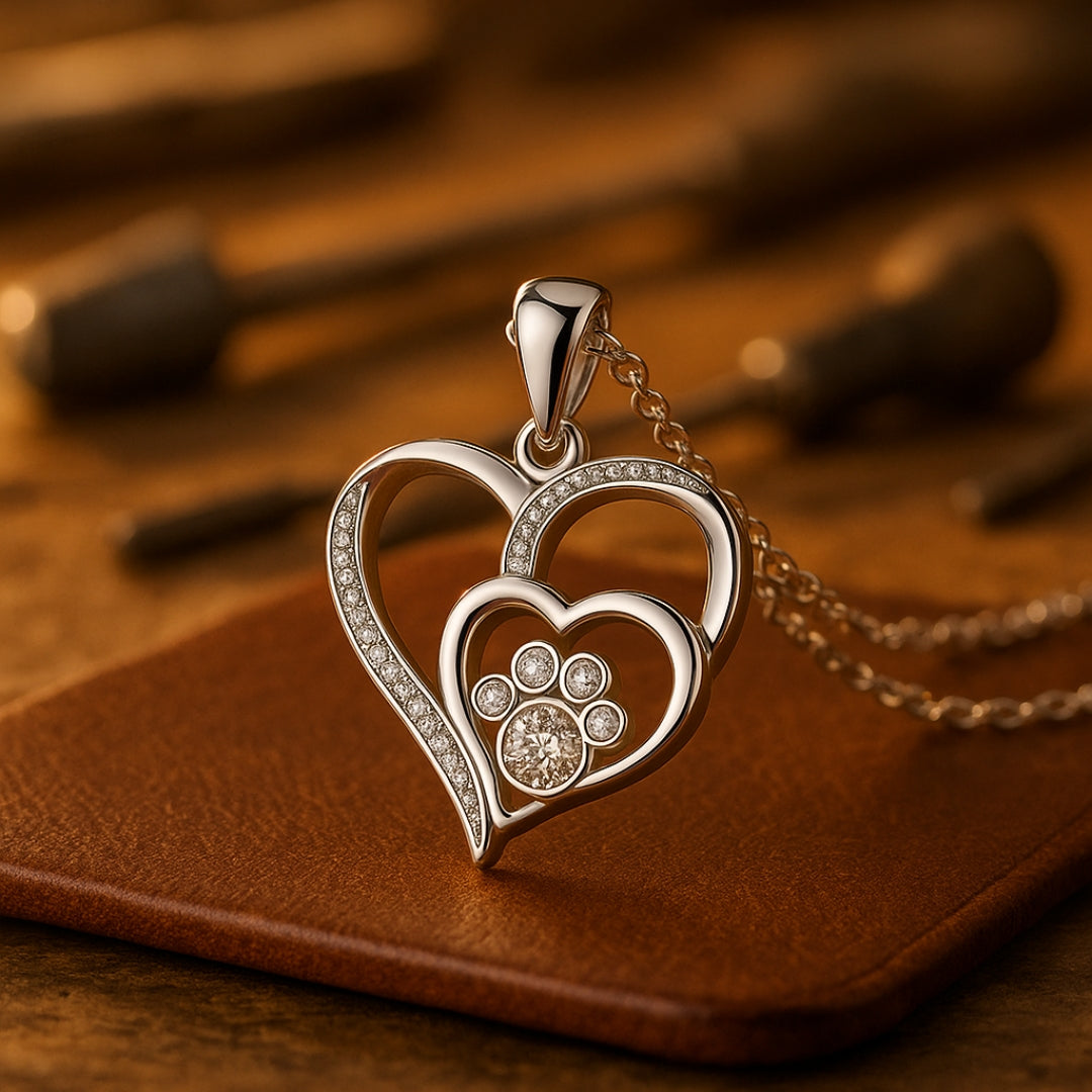 Silvered Heart & Paw Zirconia Necklace