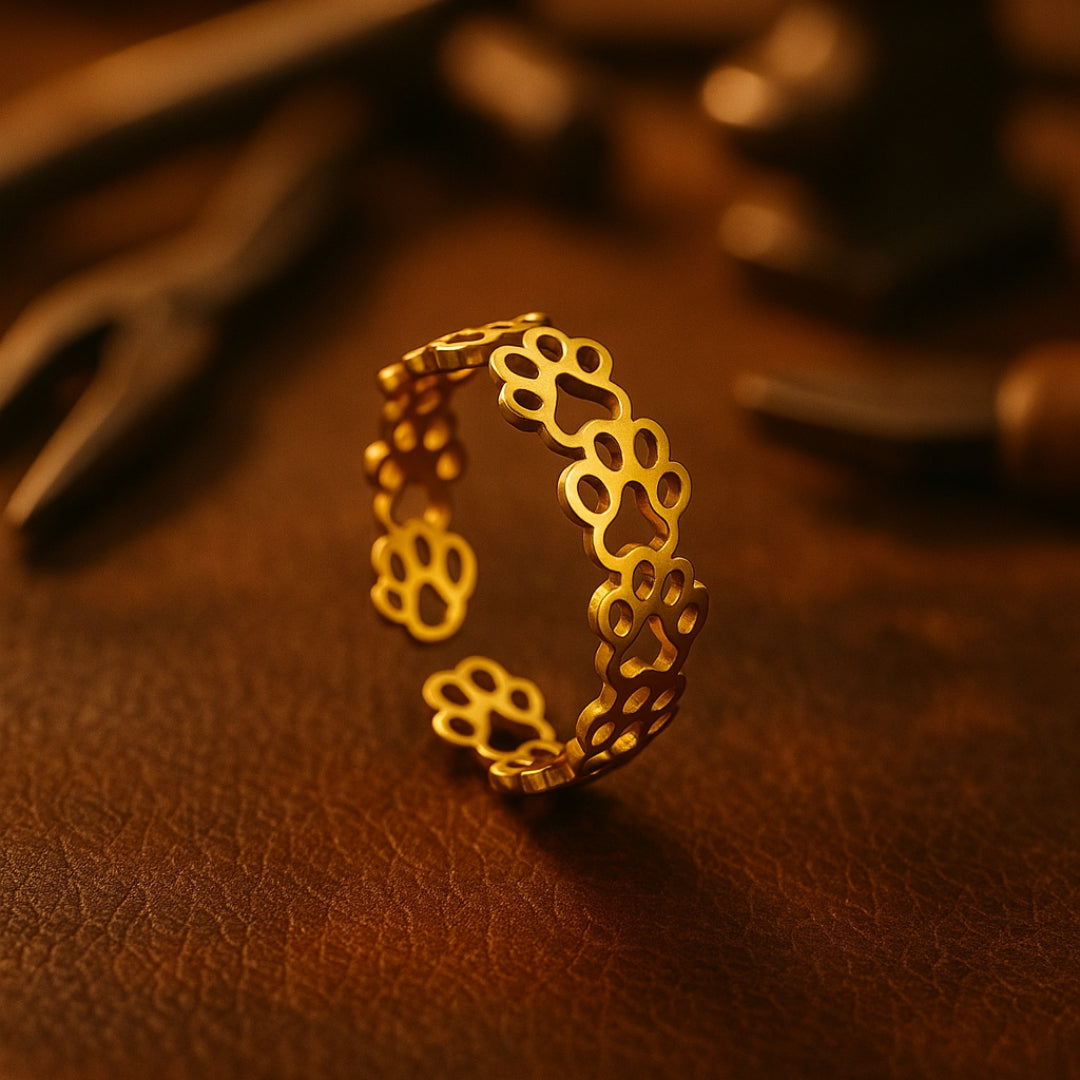 Adjustable Paw Print Ring in Silver and Gold