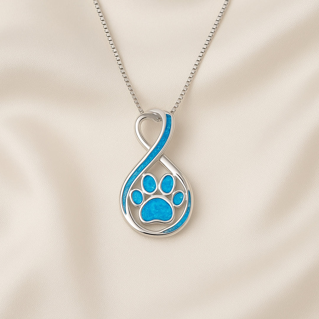 Blue Opal Paw Infinity  Silver Necklace