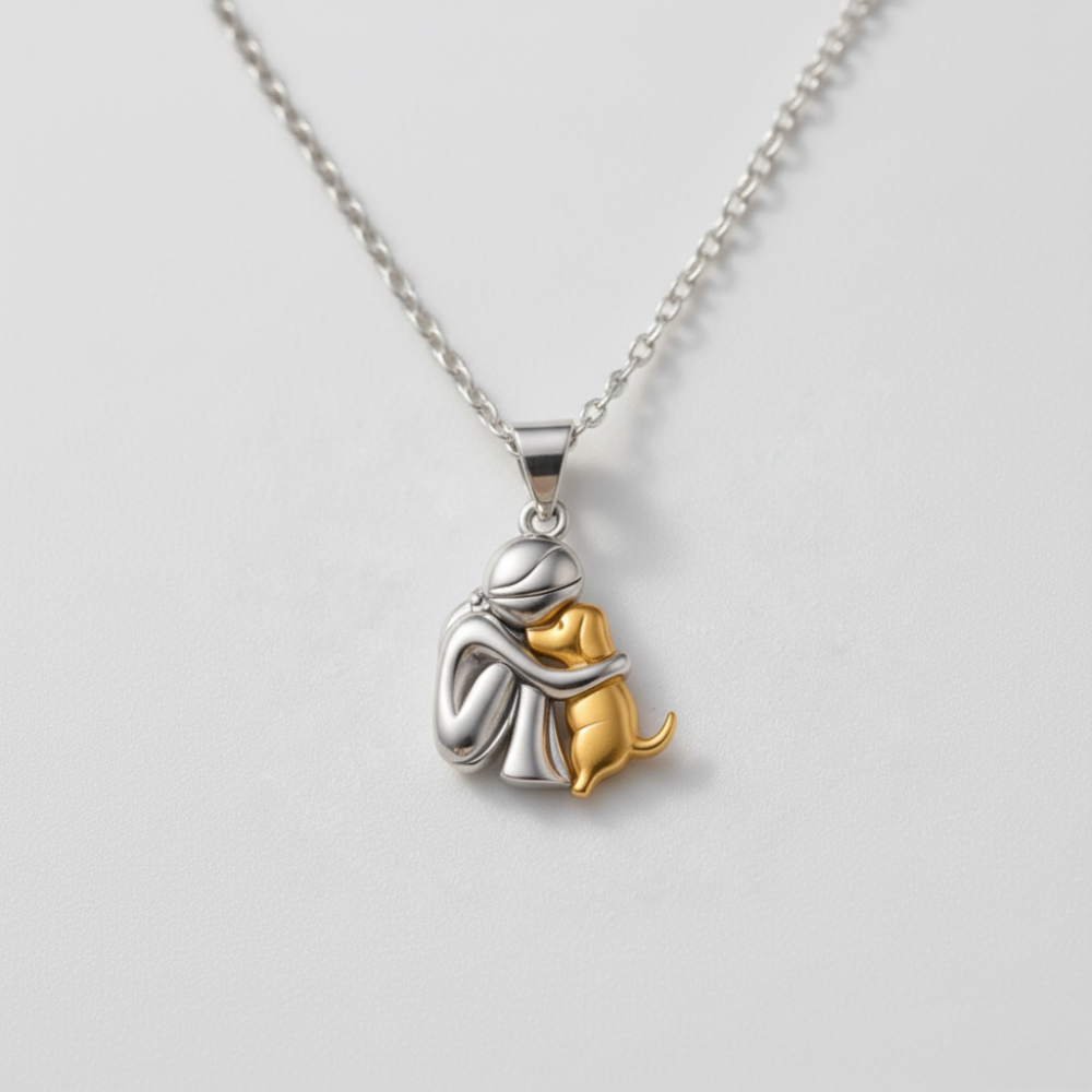 FOR MEMORIAL - My Four-legged Angel is Always Near By - Silver & Gold Hug Dog Necklace
