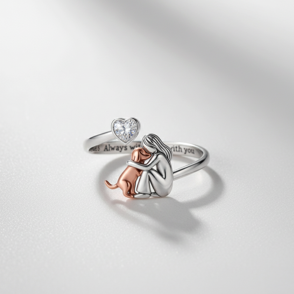 FOR MEMORIAL - My Four-legged Angel is Always Near By - Adjustable Zirconia Dog Hug Ring