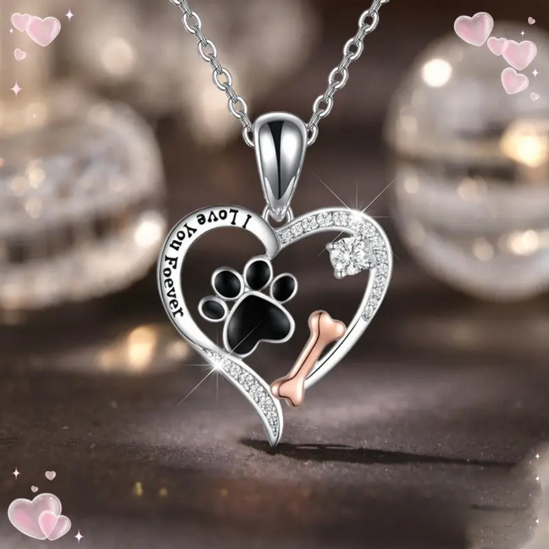 Rose Bone Silvered Heart Paw Necklace