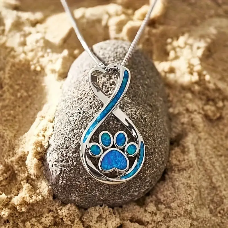 Blue Opal Paw Infinity  Silver Necklace