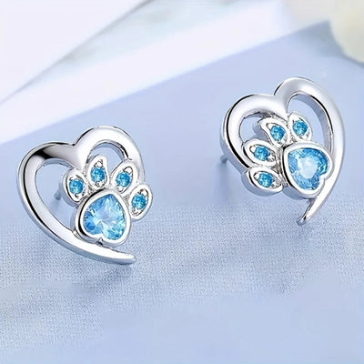 Blue Zirconia Love Paw Print Earrings