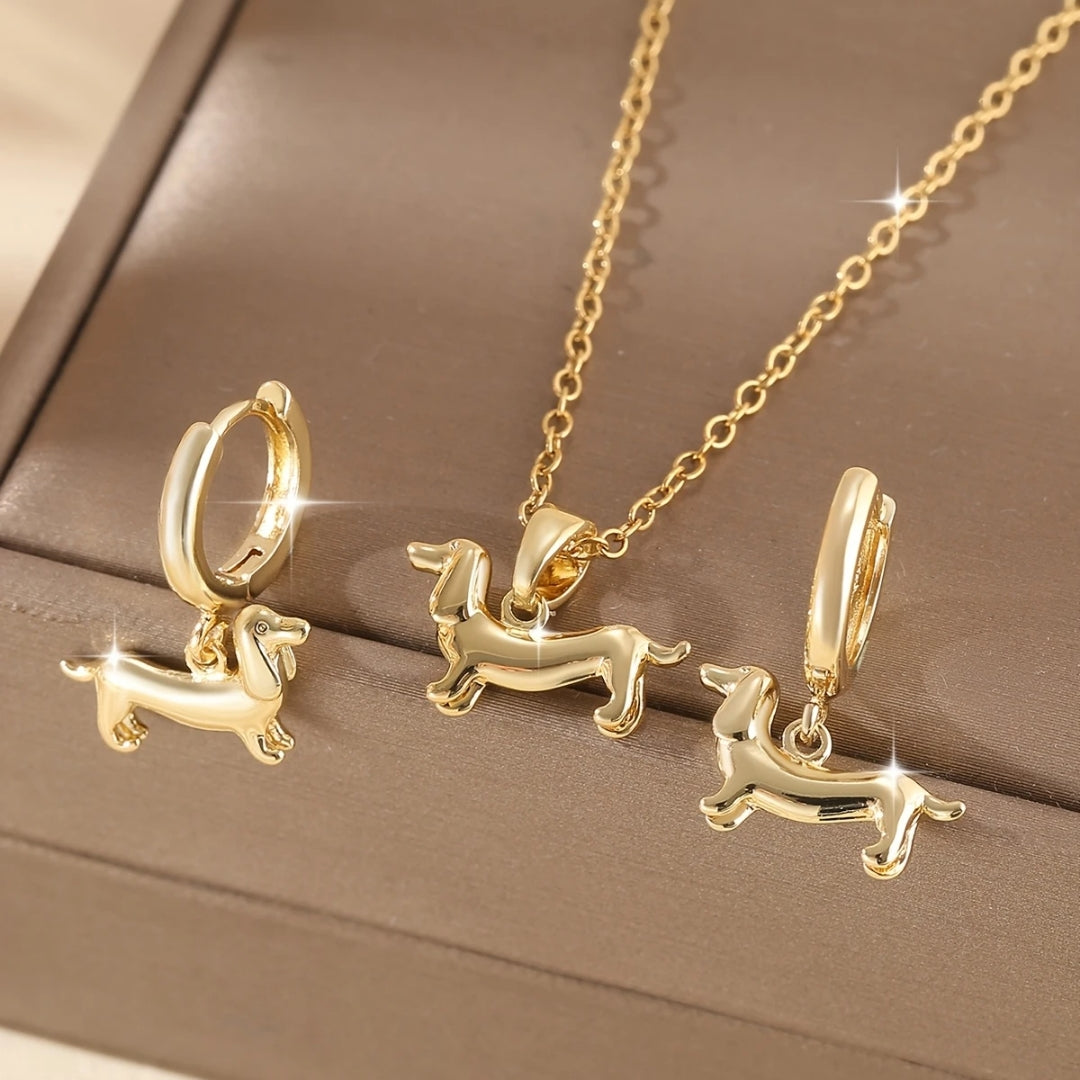 Golden Dachshund Necklace + Earings Set